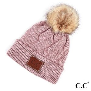 C.C Faux Fur Pom Fuzzy Lining Beanie Mauve